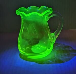 Vintage Uranium Glass Mini Vase handblown Handle JUG pitcher UV Reactive Tested